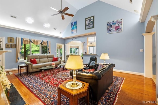 311 Victoria Way, Richmond, VA 23238 - living area with a ceiling fan, wood finished floors, baseboards, and high vaulted ceiling