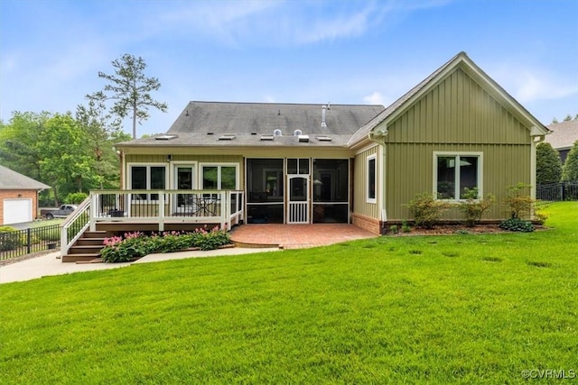 311 Victoria Way, Richmond, VA 23238 - rear view of house featuring a sunroom, a deck, board and batten siding, and a patio area