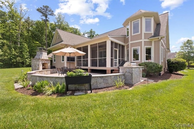 403 Regina Ln, Richmond, VA 23238 - back of property featuring an outdoor stone fireplace, a sunroom, a patio area, a shingled roof, and a yard