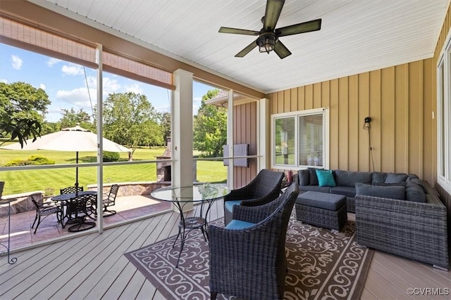 403 Regina Ln, Richmond, VA 23238 - wooden terrace with an outdoor living space, a lawn, outdoor dining space, and ceiling fan