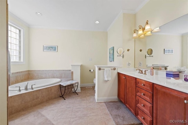 403 Regina Ln, Richmond, VA 23238 - bathroom with a garden tub, vanity, toilet, tile patterned floors, and ornamental molding