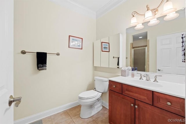 403 Regina Ln, Richmond, VA 23238 - full bathroom with crown molding, vanity, toilet, a stall shower, and tile patterned flooring