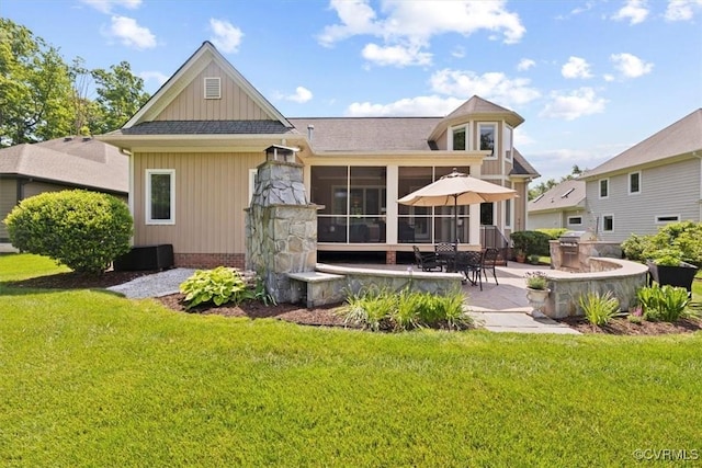 403 Regina Ln, Richmond, VA 23238 - rear view of property with a patio area, a yard, a sunroom, and a shingled roof