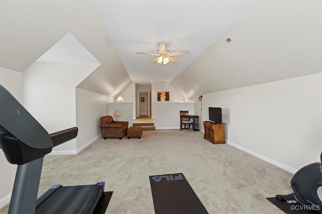 403 Regina Ln, Richmond, VA 23238 - workout room with carpet flooring, vaulted ceiling, ceiling fan, and baseboards