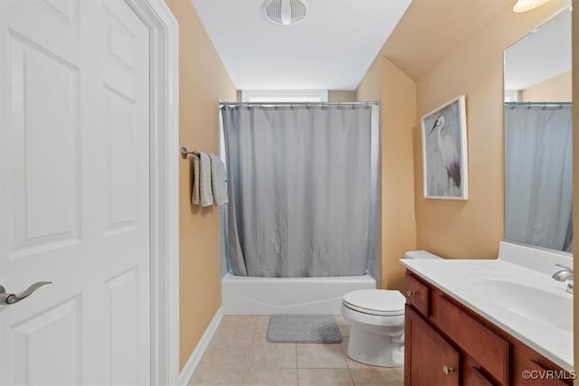 403 Regina Ln, Richmond, VA 23238 - bathroom with vanity, tile patterned flooring, toilet, shower / bath combo with shower curtain, and baseboards