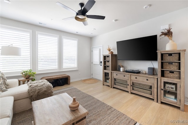 1900 Roseneath Rd Unit 8B, Richmond, VA 23230 - living area with light wood-type flooring, ceiling fan, and baseboards