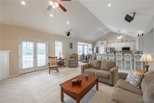 16180 Janet Dr, Amelia Courthouse, VA 23002 - living area featuring a ceiling fan, high vaulted ceiling, recessed lighting, and light carpet