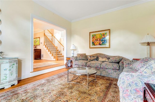 5605 Hunters Glen Dr, Glen Allen, VA 23059 - living room featuring wood finished floors, crown molding, and stairway