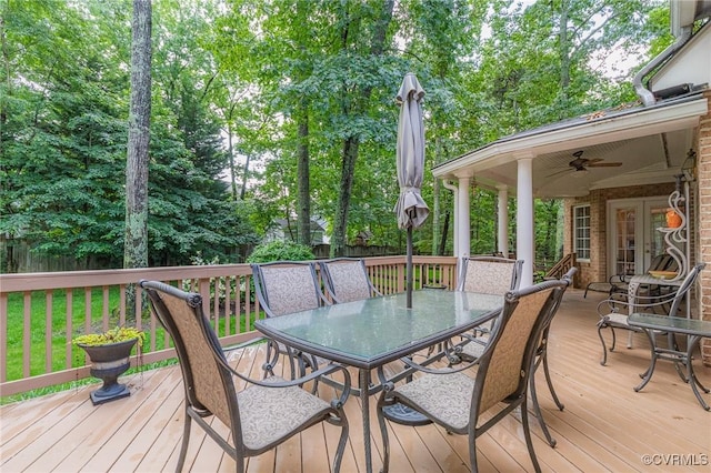 5605 Hunters Glen Dr, Glen Allen, VA 23059 - wooden terrace with outdoor dining space, a ceiling fan, and french doors