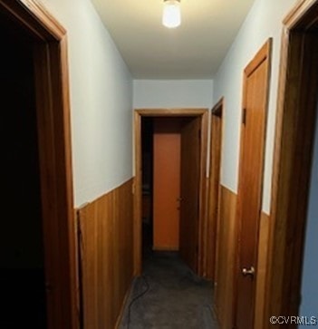 2812 Old Nottoway Rd, Crewe, VA 23930 - hallway featuring a wainscoted wall, wooden walls, and carpet floors