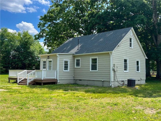 1857 Brunswick Rd, Blackstone, VA 23824 - rear view of house with crawl space, a deck, a lawn, a shingled roof, and central AC