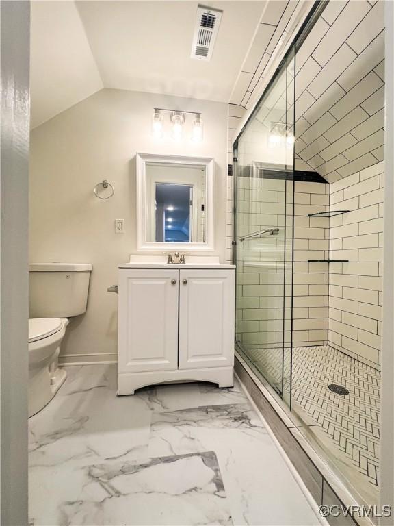 1857 Brunswick Rd, Blackstone, VA 23824 - full bathroom featuring toilet, a stall shower, baseboards, vanity, and vaulted ceiling