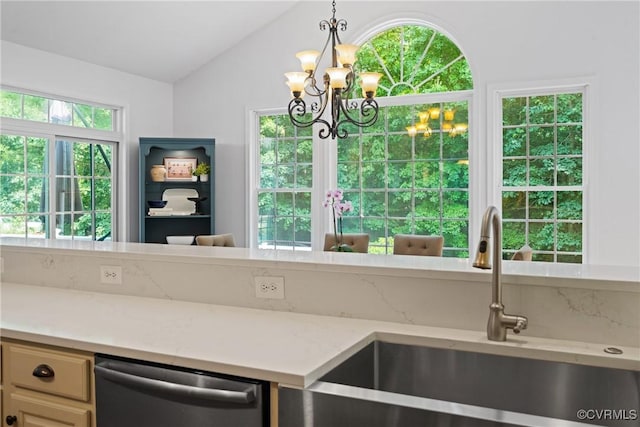 11137 Sterling Cove Dr, Chesterfield, VA 23838 - kitchen with dishwasher, a sink, lofted ceiling, a chandelier, and light stone countertops