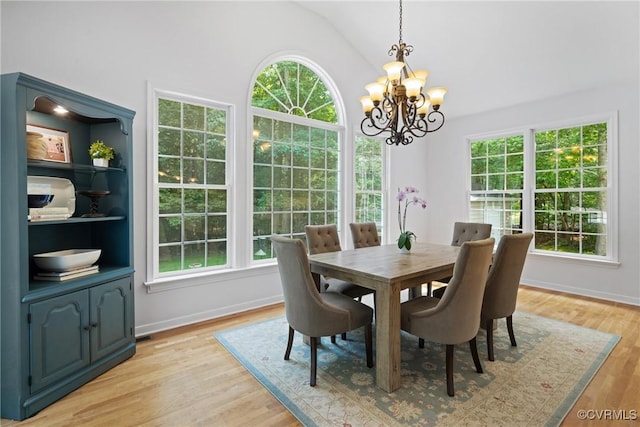 11137 Sterling Cove Dr, Chesterfield, VA 23838 - dining area with healthy amount of natural light, a chandelier, lofted ceiling, light wood-style floors, and baseboards