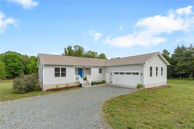 10835 Shannon Hill Rd, Louisa, VA 23093 - ranch-style home featuring gravel driveway, an attached garage, a front lawn, and roof with shingles