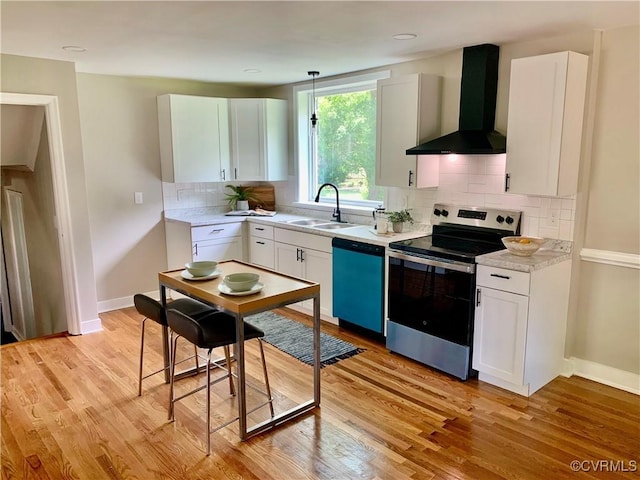 8409 Zell Ln, Henrico, VA 23229 - kitchen featuring stainless steel electric stove, dishwasher, wall chimney exhaust hood, a sink, and backsplash