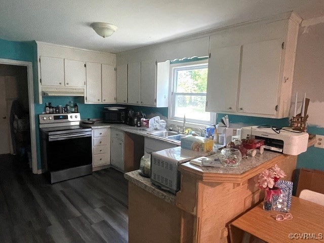 3706 Burnham Dr, Hopewell, VA 23860 - kitchen featuring stainless steel range with electric stovetop, under cabinet range hood, dark wood-style flooring, white cabinetry, and a sink