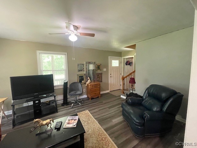 3706 Burnham Dr, Hopewell, VA 23860 - living room with a ceiling fan, dark wood-style floors, and baseboards