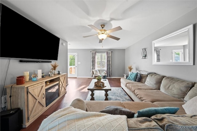 7012 Autumn Point Dr, North Chesterfield, VA 23234 - living room featuring dark wood-style floors, ceiling fan, and baseboards