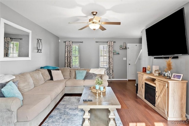 7012 Autumn Point Dr, North Chesterfield, VA 23234 - living area featuring ceiling fan, wood finished floors, and baseboards