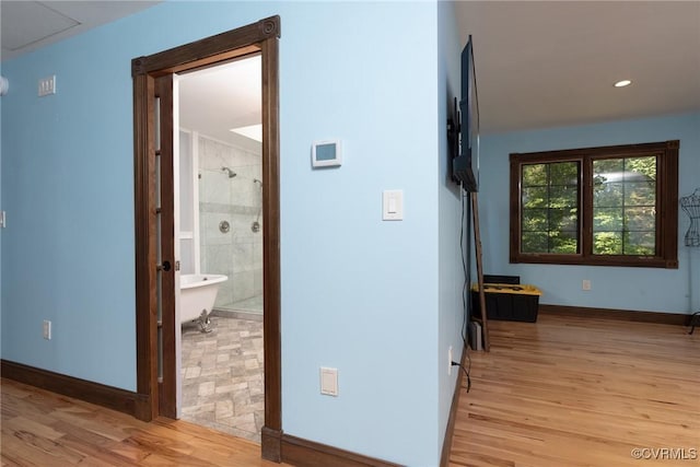 14421 Clazemont Rd, Montpelier, VA 23192 - hallway with light wood-style floors, recessed lighting, and attic access