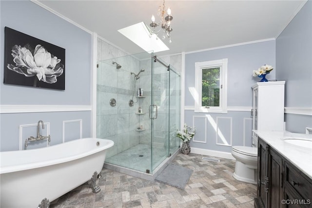 14421 Clazemont Rd, Montpelier, VA 23192 - full bath with a soaking tub, a skylight, a stall shower, vanity, and crown molding