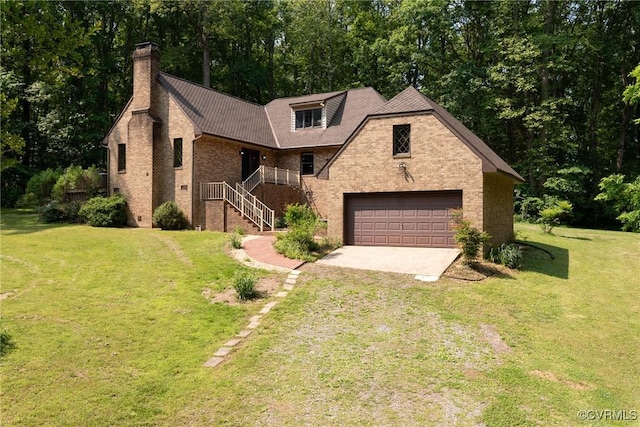14421 Clazemont Rd, Montpelier, VA 23192 - view of front of home with driveway, a front lawn, a chimney, brick siding, and stairs