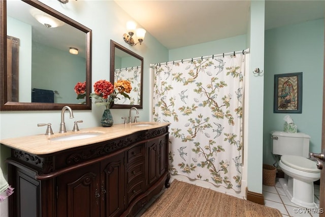 14421 Clazemont Rd, Montpelier, VA 23192 - bathroom with double vanity, tile patterned flooring, and a shower with shower curtain