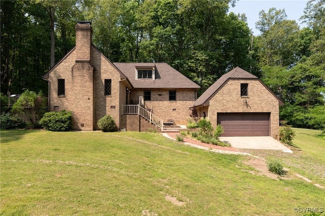 14421 Clazemont Rd, Montpelier, VA 23192 - view of front of home with brick siding, a front yard, a chimney, driveway, and an outbuilding