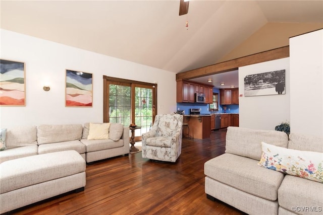 14421 Clazemont Rd, Montpelier, VA 23192 - living room featuring vaulted ceiling, dark wood-style flooring, and a ceiling fan