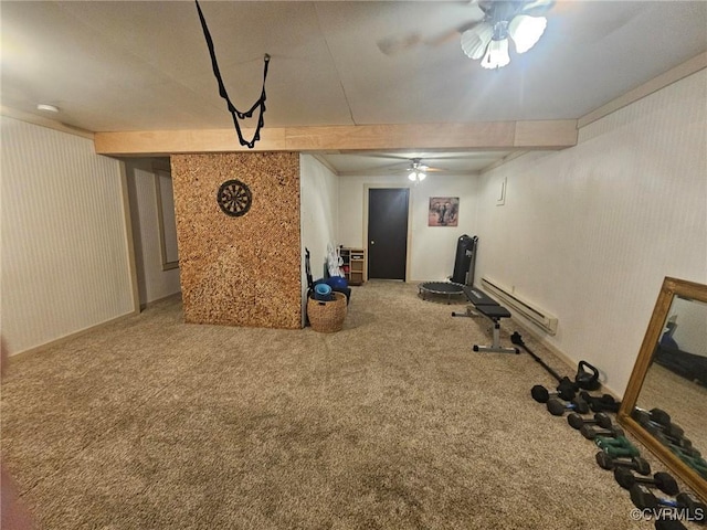 14421 Clazemont Rd, Montpelier, VA 23192 - exercise room featuring ceiling fan, a baseboard radiator, and carpet flooring