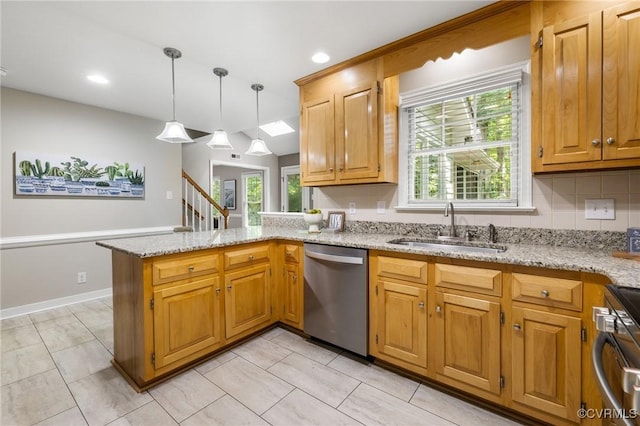 15210 Powell Grove Rd, Midlothian, VA 23112 - kitchen with dishwasher, a peninsula, range, light stone counters, and recessed lighting