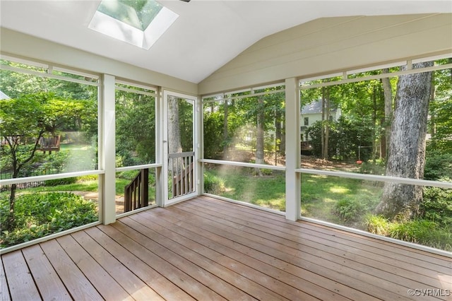 15210 Powell Grove Rd, Midlothian, VA 23112 - unfurnished sunroom featuring lofted ceiling, a skylight, wood-type flooring, and a deck