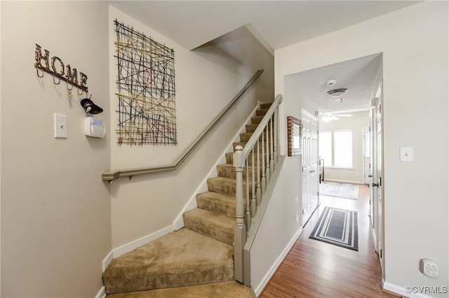 2906 Mary Beth Ln, Henrico, VA 23060 - stairway with baseboards, wood finished floors, and a ceiling fan