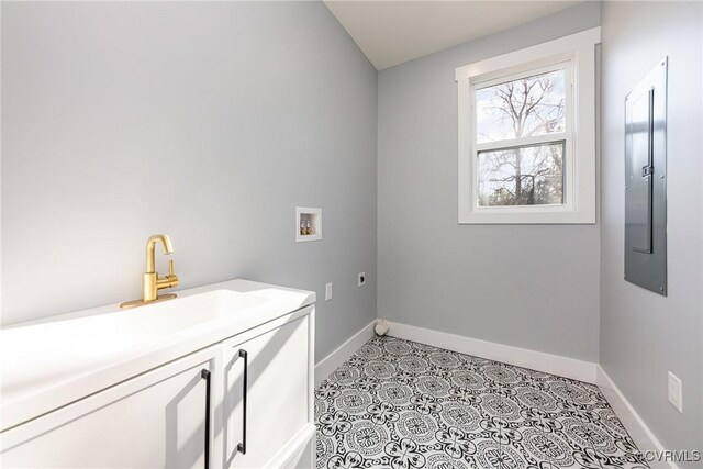 120 Drybridge Ct, Henrico, VA 23150 - washroom with cabinet space, electric dryer hookup, electric panel, baseboards, and hookup for a washing machine