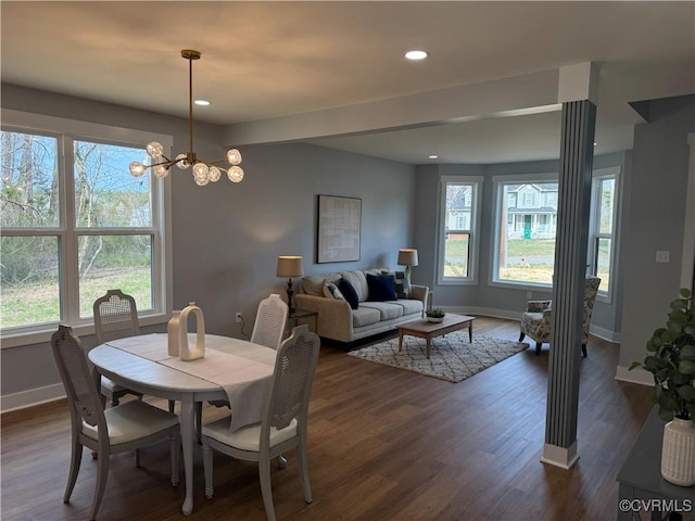 120 Drybridge Ct, Henrico, VA 23150 - dining area with baseboards, a chandelier, dark wood-style flooring, and recessed lighting