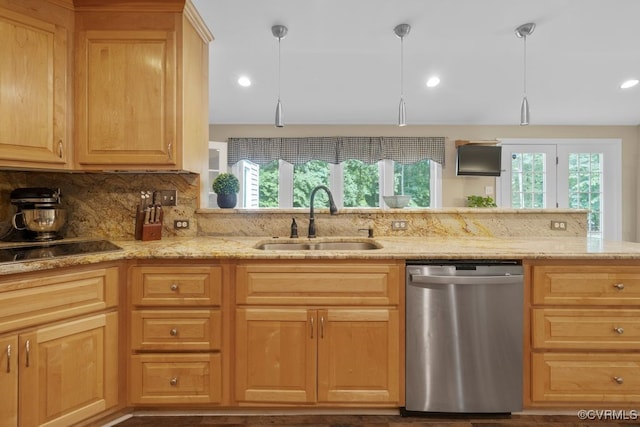 532 Fords Rd, Manakin Sabot, VA 23103 - kitchen with stainless steel dishwasher, a sink, tasteful backsplash, light stone counters, and light brown cabinets