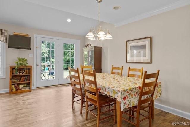 532 Fords Rd, Manakin Sabot, VA 23103 - dining space with light wood-style flooring, baseboards, a chandelier, ornamental molding, and recessed lighting