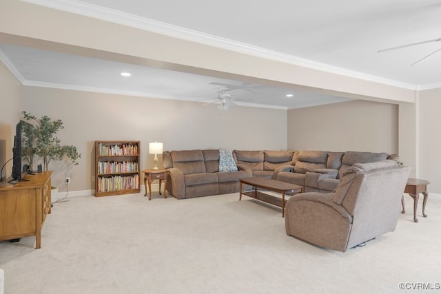 532 Fords Rd, Manakin Sabot, VA 23103 - living area with a ceiling fan, ornamental molding, light colored carpet, baseboards, and recessed lighting