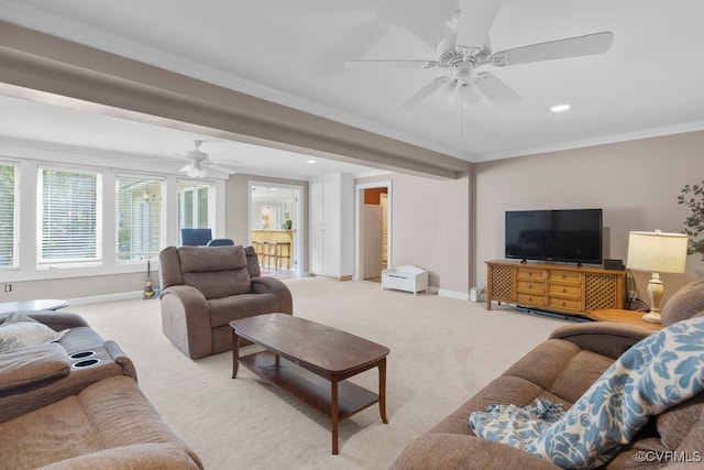 532 Fords Rd, Manakin Sabot, VA 23103 - carpeted living room featuring a ceiling fan, baseboards, ornamental molding, and recessed lighting