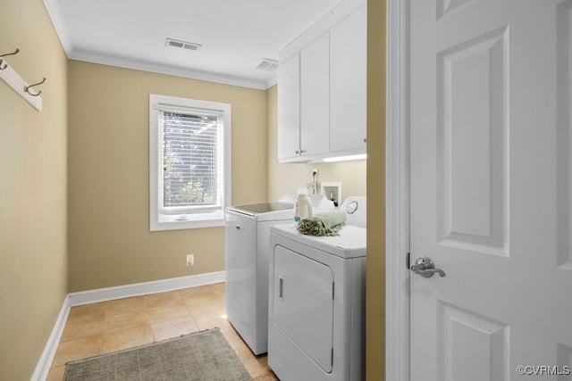 532 Fords Rd, Manakin Sabot, VA 23103 - laundry room with washing machine and dryer, cabinet space, baseboards, ornamental molding, and light tile patterned flooring