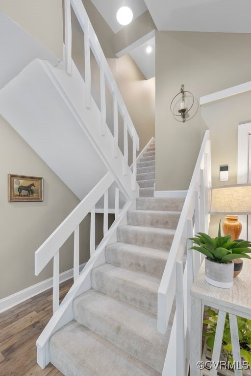 532 Fords Rd, Manakin Sabot, VA 23103 - stairs with wood finished floors, baseboards, lofted ceiling, and recessed lighting