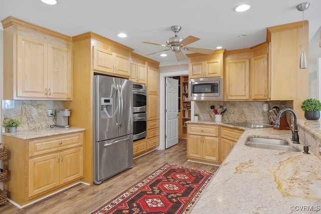 532 Fords Rd, Manakin Sabot, VA 23103 - kitchen with stainless steel appliances, a sink, light brown cabinetry, ceiling fan, and recessed lighting