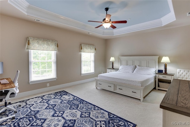 11715 Triple Notch Ter, Henrico, VA 23233 - bedroom with crown molding, a raised ceiling, light colored carpet, a ceiling fan, and baseboards