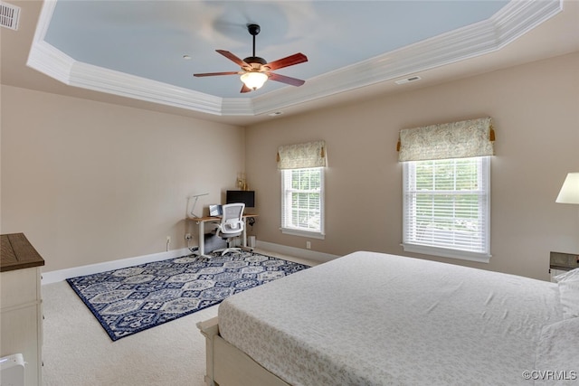 11715 Triple Notch Ter, Henrico, VA 23233 - carpeted bedroom with a raised ceiling, ornamental molding, an office area, baseboards, and ceiling fan