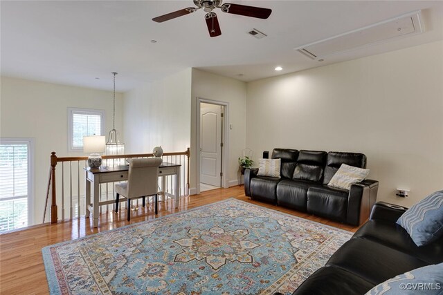 11715 Triple Notch Ter, Henrico, VA 23233 - living room featuring attic access, a ceiling fan, light wood finished floors, and recessed lighting