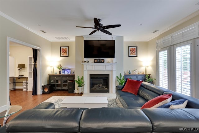 11715 Triple Notch Ter, Henrico, VA 23233 - living room with crown molding, ceiling fan, wood finished floors, and a glass covered fireplace