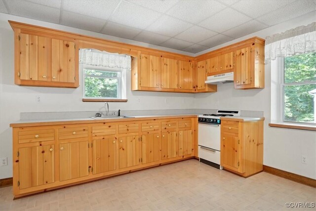 3786 Donavon Mill Ct, Powhatan, VA 23139 - kitchen featuring gas range gas stove, under cabinet range hood, a sink, light countertops, and light flooring