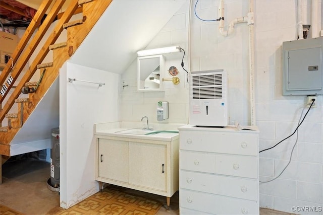 3786 Donavon Mill Ct, Powhatan, VA 23139 - full bathroom featuring electric panel, vanity, and concrete block wall