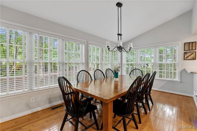 11601 Shadow Run Ln, Glen Allen, VA 23059 - dining area with baseboards, a chandelier, healthy amount of natural light, lofted ceiling, and light wood-type flooring